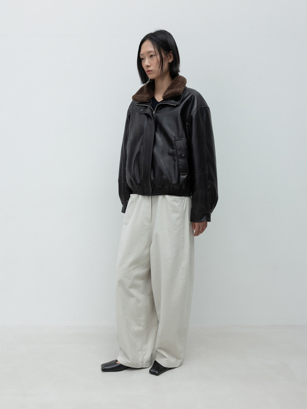 Low Classic Fur Collar Artificial Leather Jacket Black