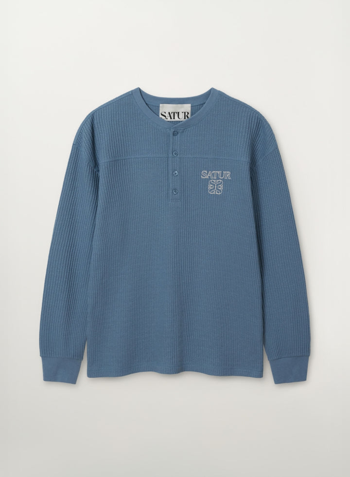 Satur Stitch Waffle Henley Neck Long Sleeve - Blue