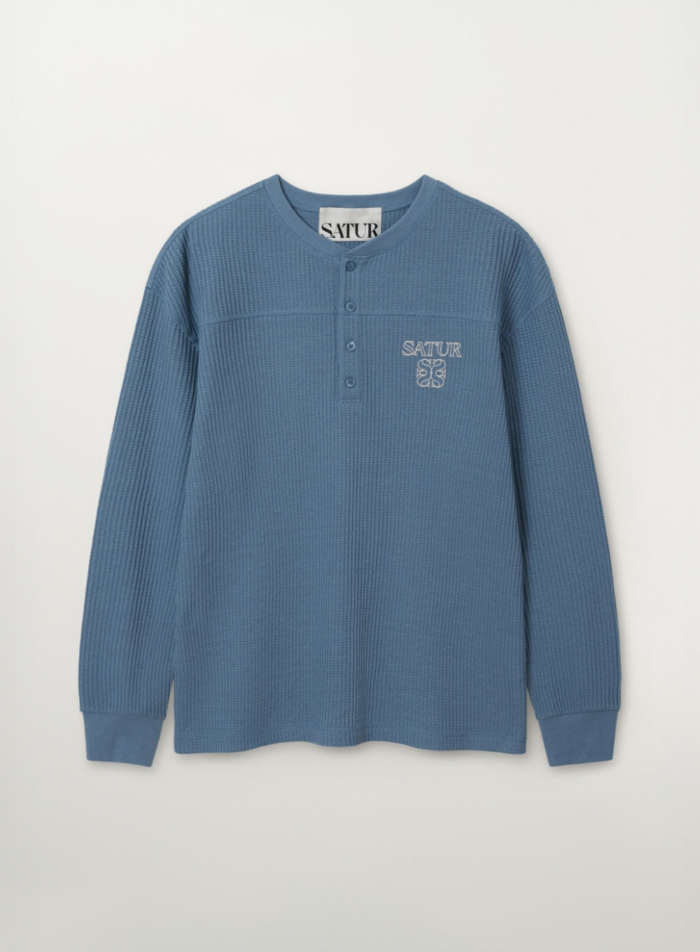 Satur Stitch Waffle Henley Neck Long Sleeve - Blue