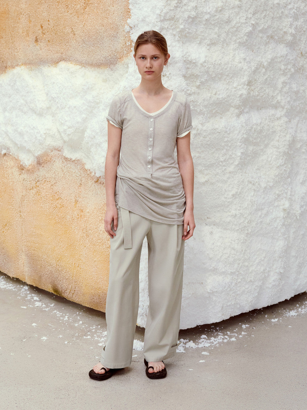 Low Classic Button-Up Jersey Long T-Shirt Oatmeal