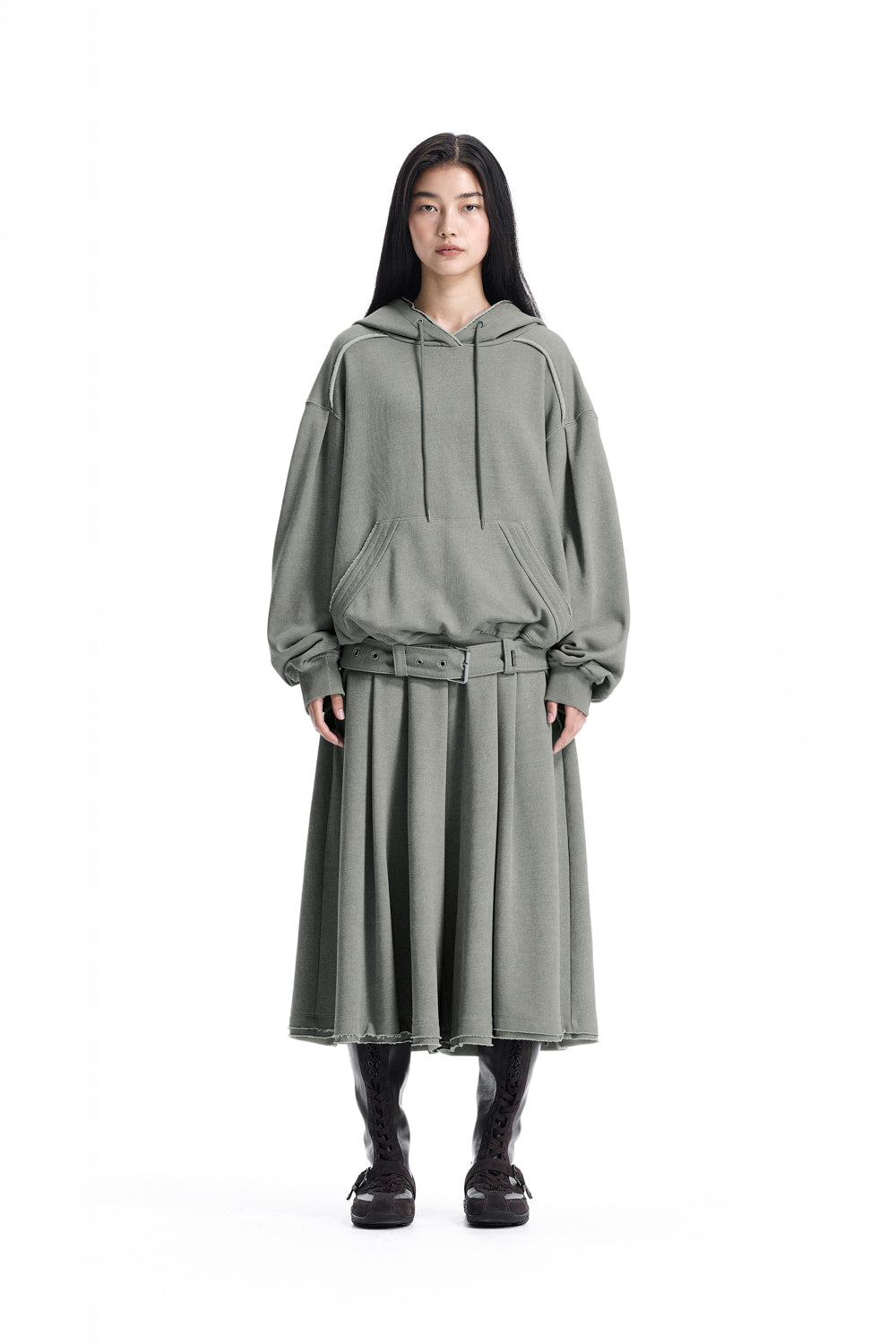 Treemingbird Raw-Edge Belted Set-Up Hoodie Light Gray