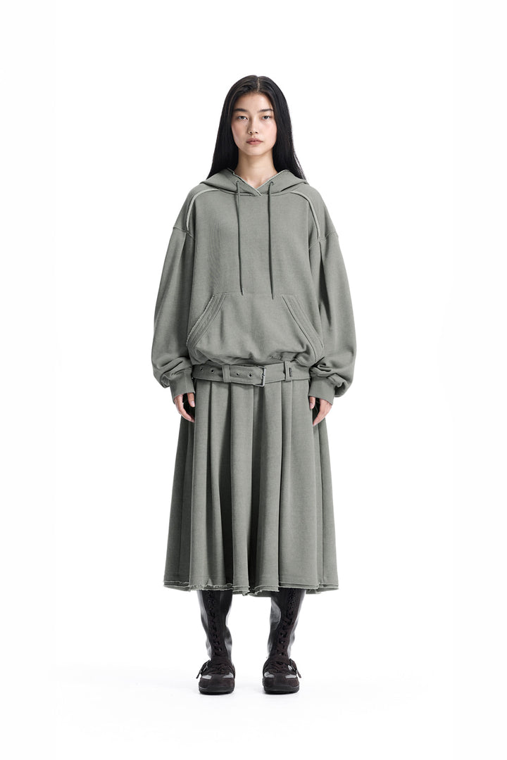 Treemingbird Raw-Edge Belted Set-Up Hoodie Light Gray
