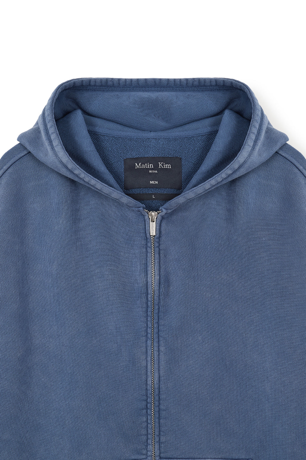 [matinkim] BACK LOGO WASHED HOODY ZIP UP FOR MEN IN BLUE