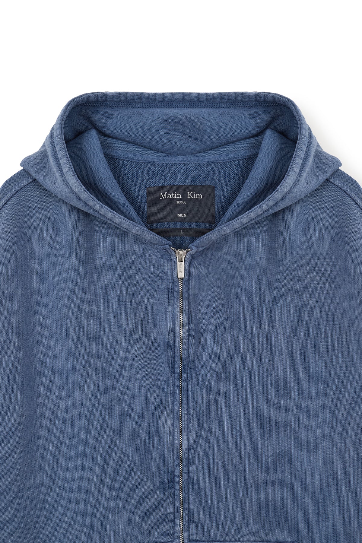 [matinkim] BACK LOGO WASHED HOODY ZIP UP FOR MEN IN BLUE