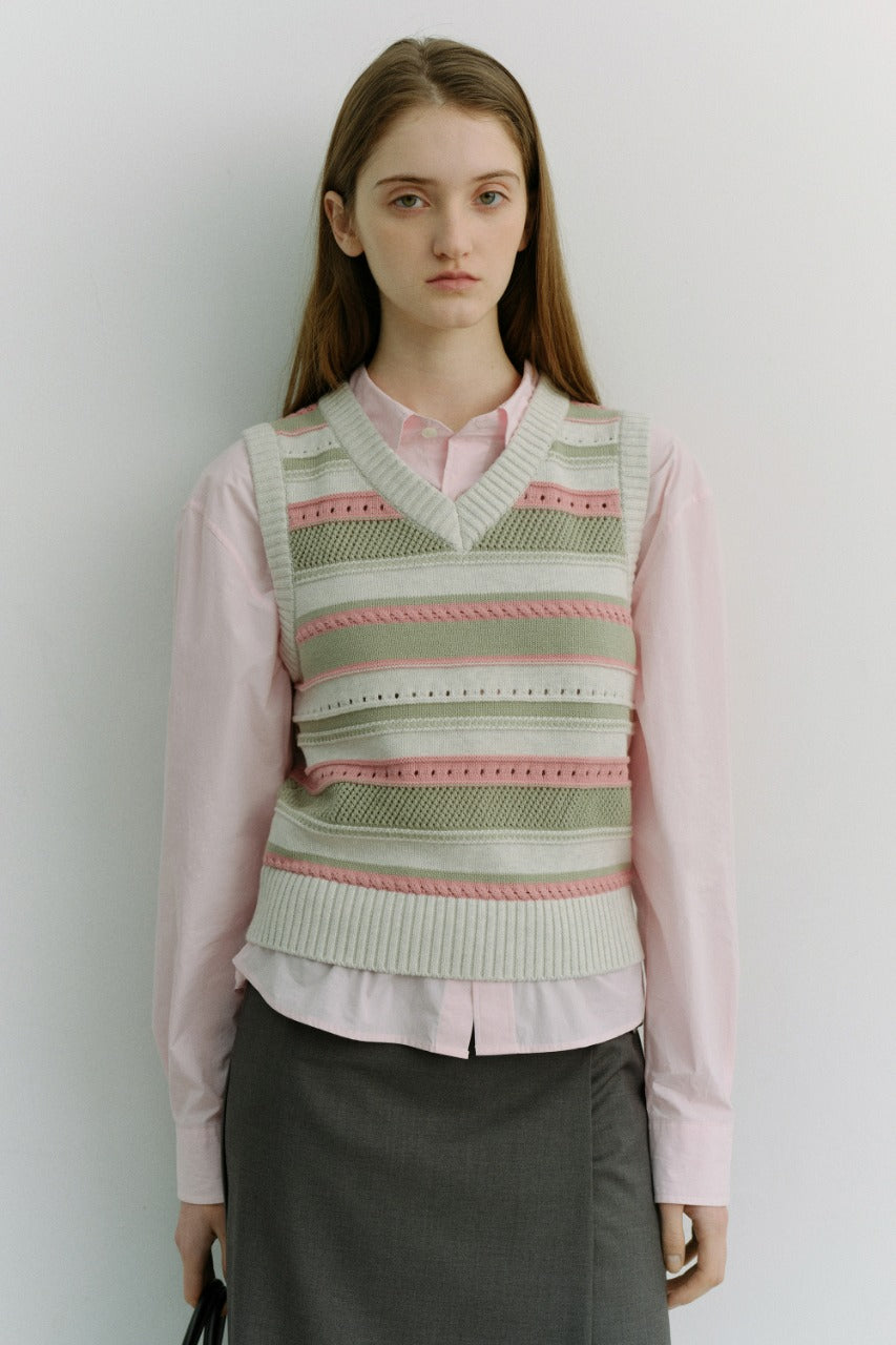 Dunst Unisex Crafted Striped Knit Vest Ivory Mint