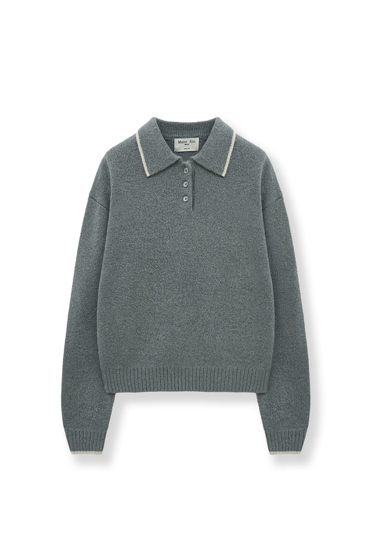 Matinkim Back Logo Collar Knit Top For Women IN Grey