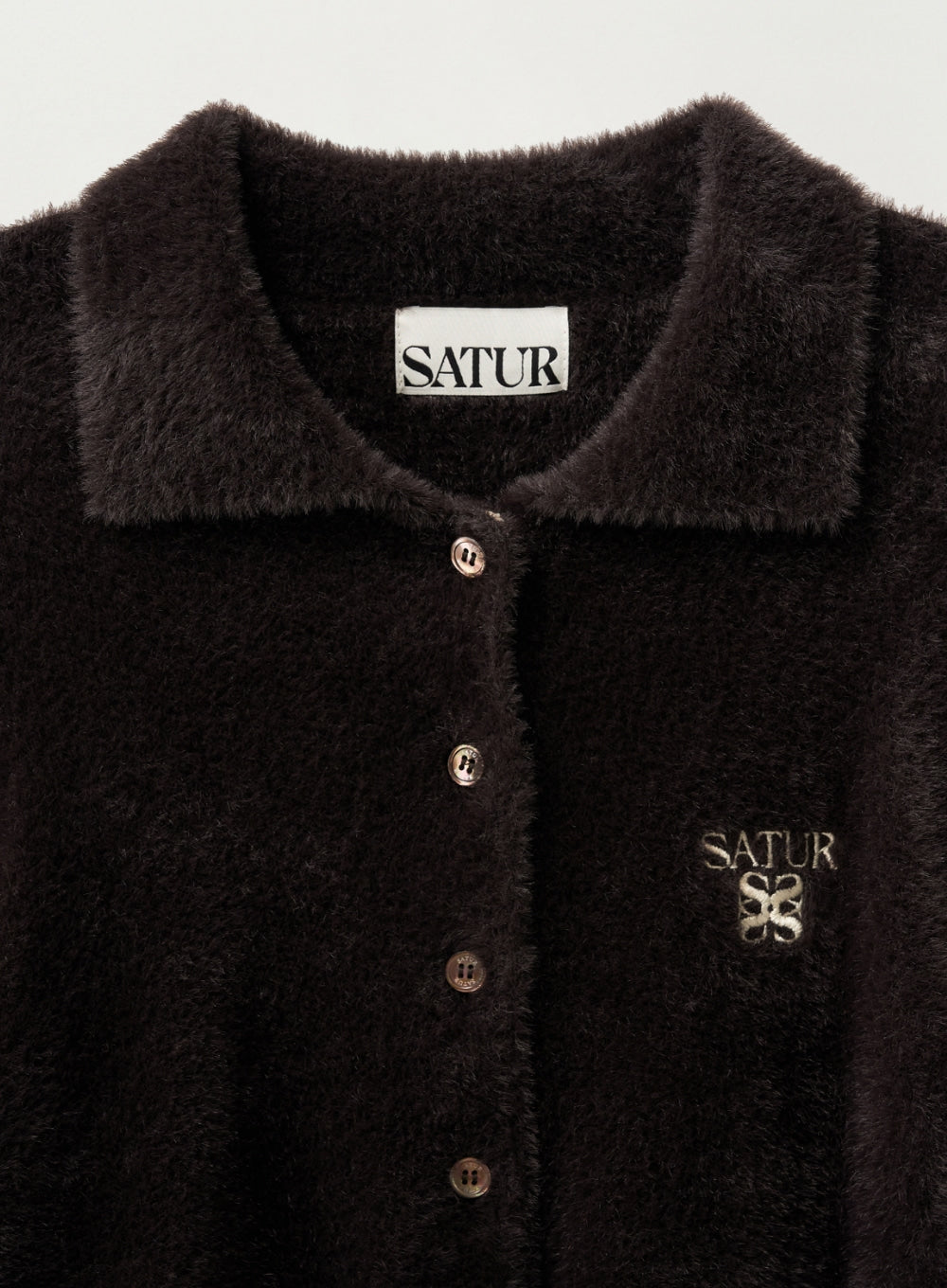 [satur] (W) Hairy Collar Knit Cardigan - Dark Brown