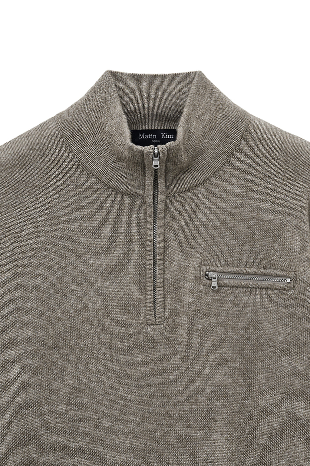 [matinkim] BACK LOGO HALF KNIT ZIP UP PULLOVER FOR MEN IN DARK BEIGE
