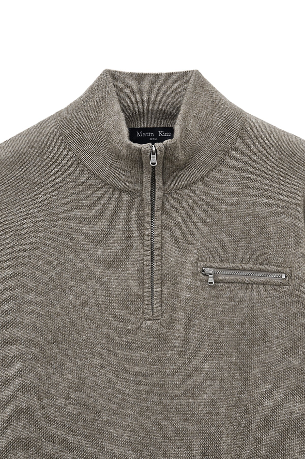 [matinkim] BACK LOGO HALF KNIT ZIP UP PULLOVER FOR MEN IN DARK BEIGE