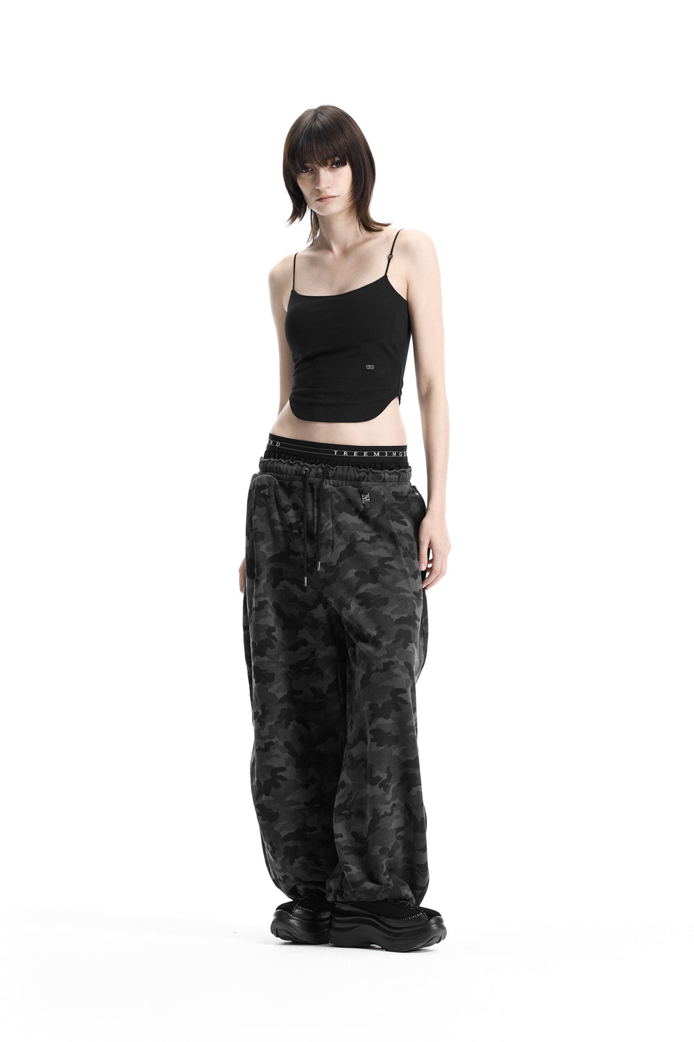 Treemingbird Camo Double Waist Sagging Sweat Pants Charcoal