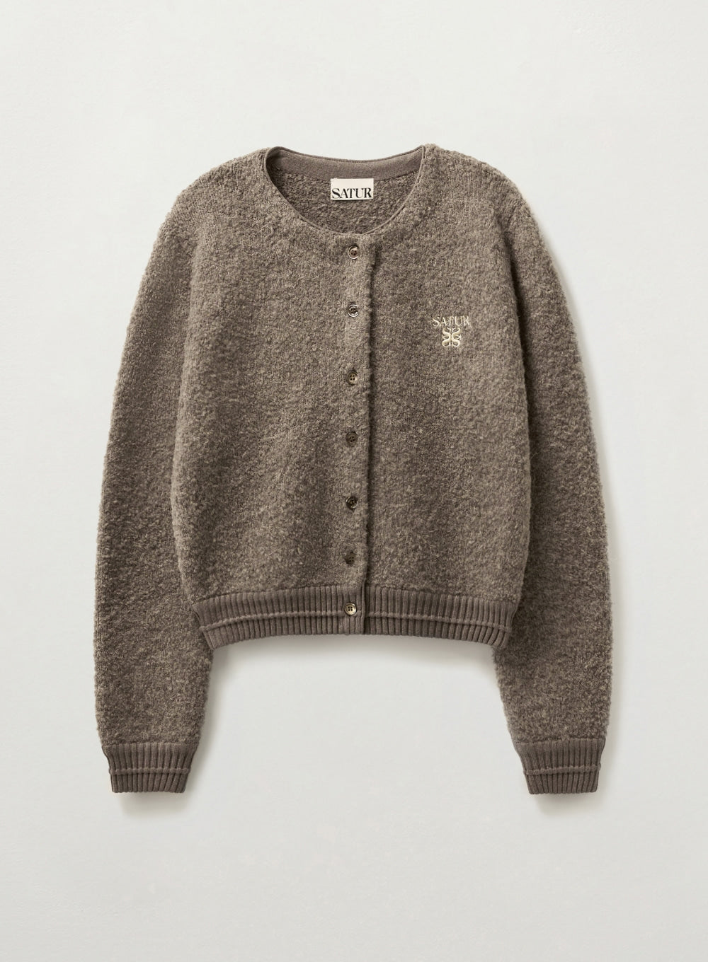[satur] (W) Boucle Crew Neck Cardigan - Brown