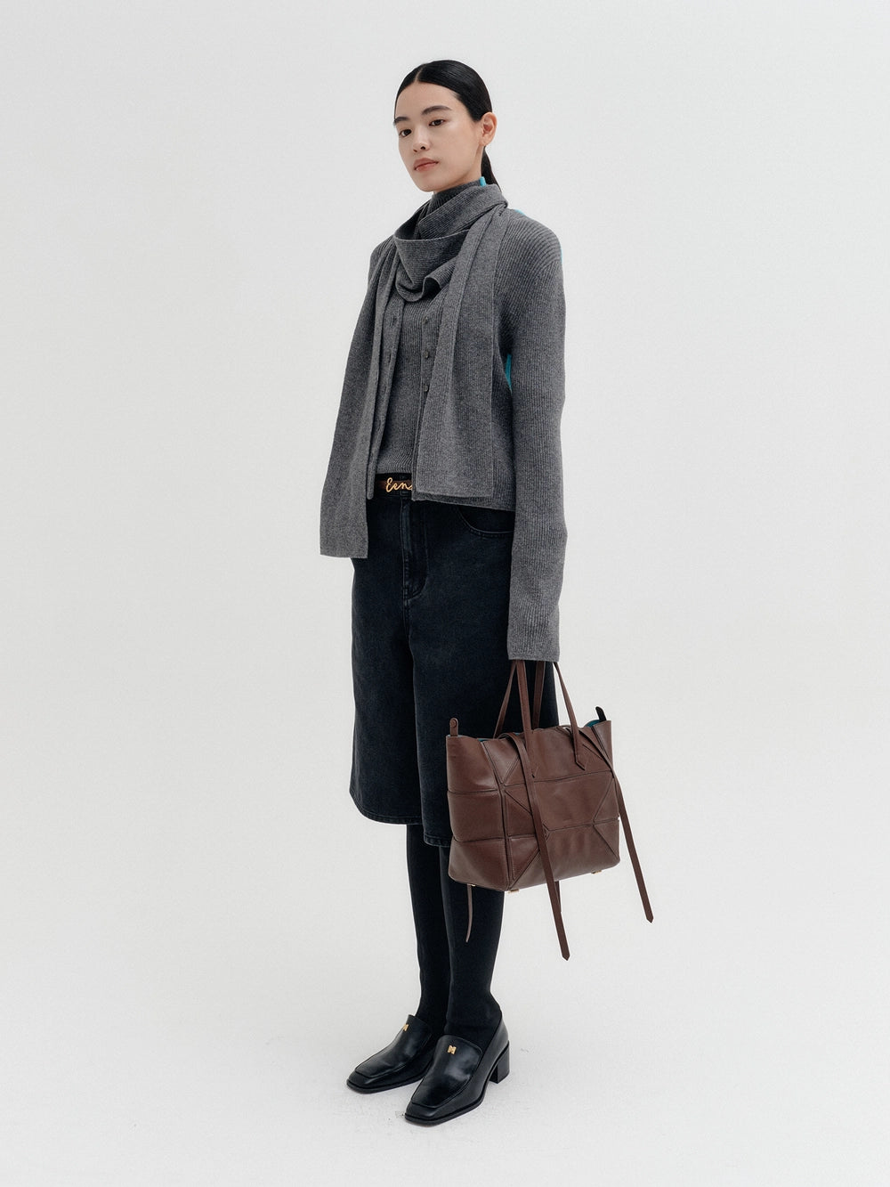 EENK Scarf Layered Knitwear Cardigan - Gray
