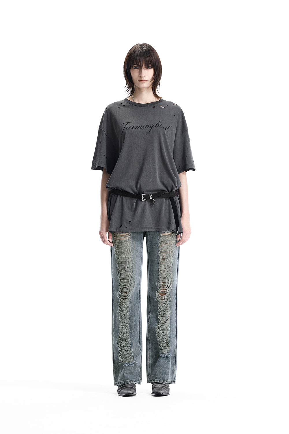 Treemingbird Distressed Logo Graphic T-shirts Charcoal