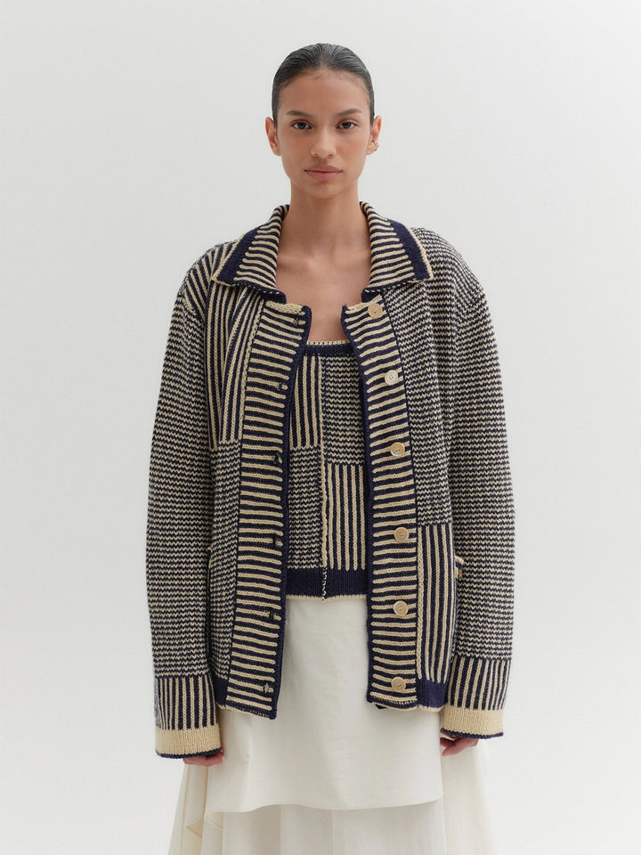 EENK Textured Stripe Knitwear Cardigan - Navy/Beige