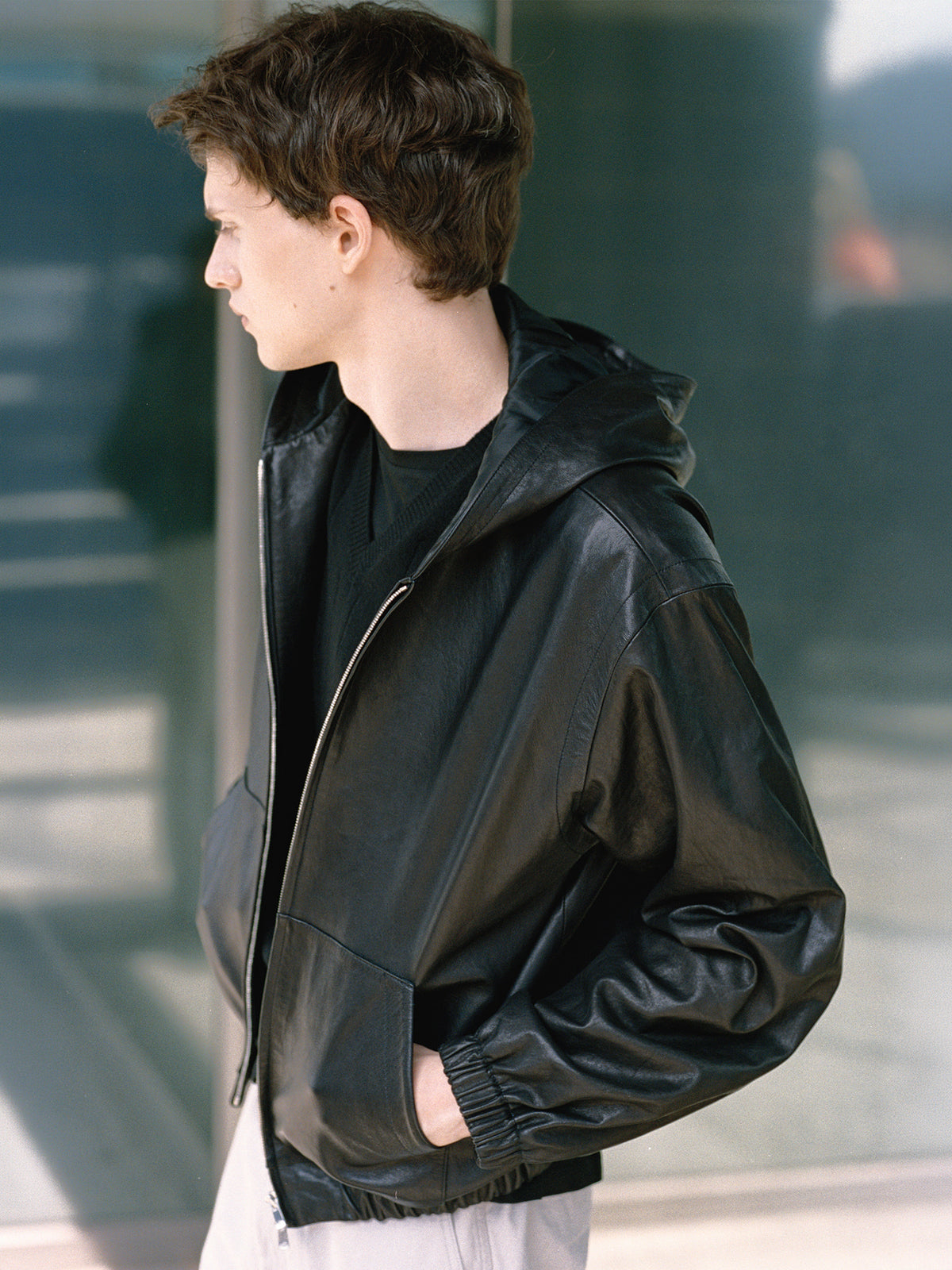 Nothing Written Hooded leather jacket (Black)