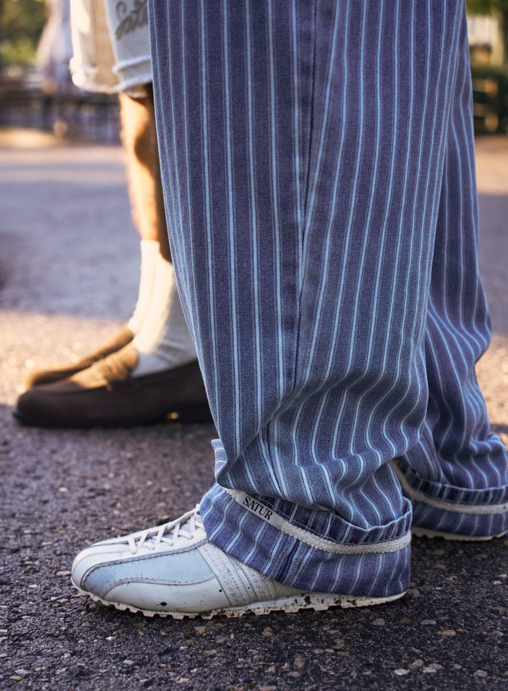 Satur Stripe Denim Roll Up Pants - Blue