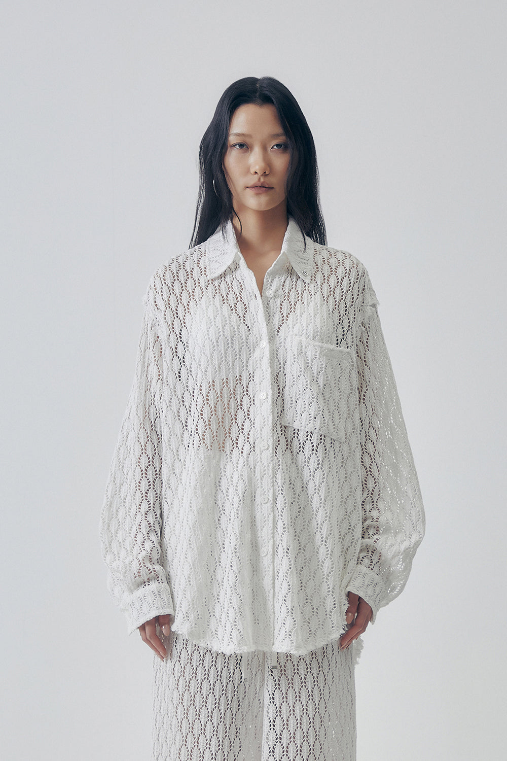 Treemingbird Lace Embellished Set-up Shirt White