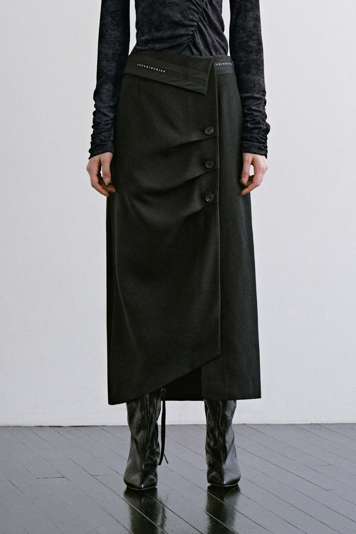 Treemingbird 3 Button H Line Long Skirt Black