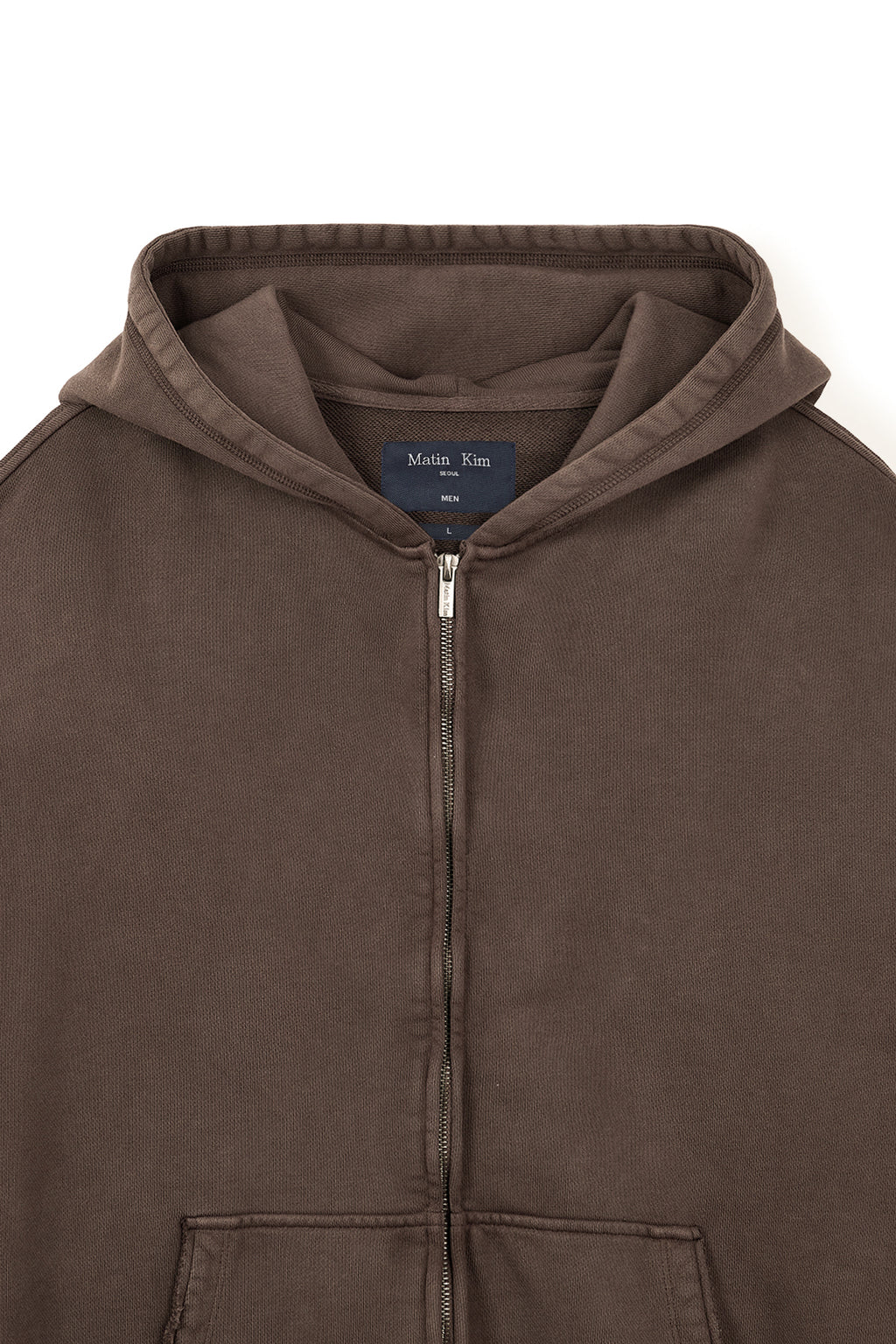 [matinkim] BACK LOGO WASHED HOODY ZIP UP FOR MEN IN COCOA