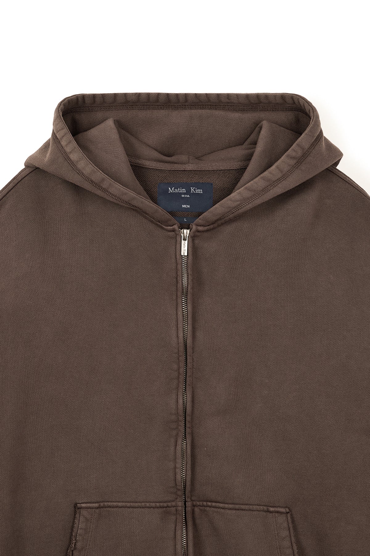 [matinkim] BACK LOGO WASHED HOODY ZIP UP FOR MEN IN COCOA