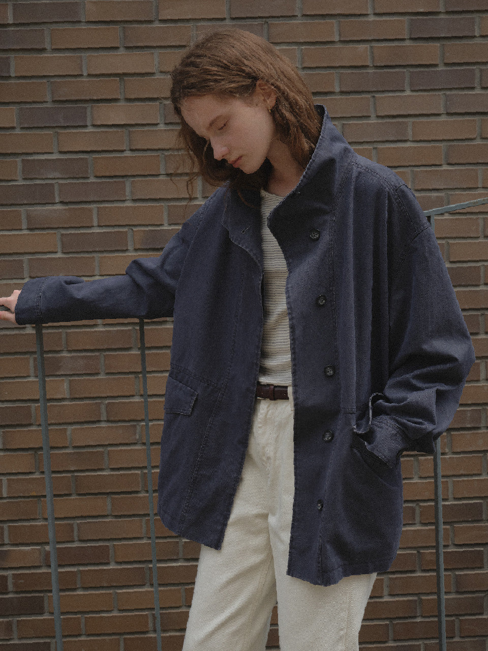 Tillidie Washed cotton high neck jacket Navy