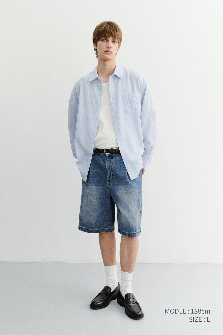 Dunst Pleated Bermuda Denim Shorts Classic Blue
