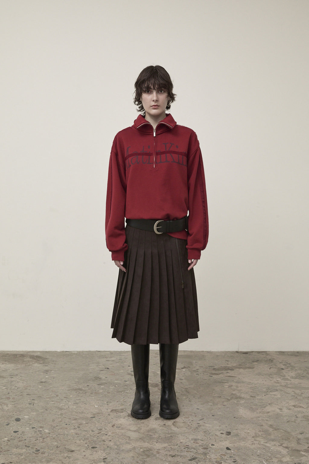 Matinkim Side Zipper Pleats Midi Skirt IN Dark Brown