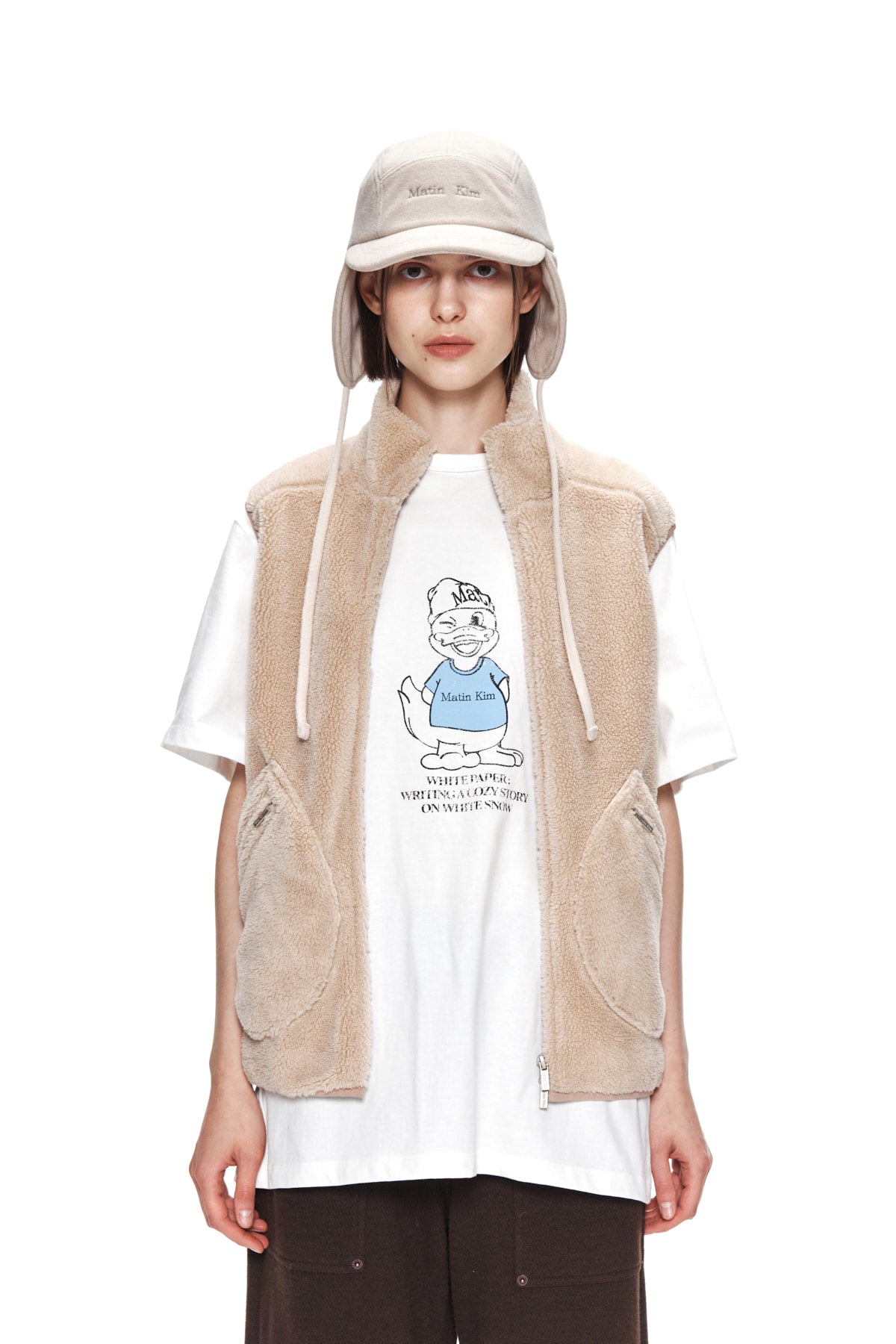 Matinkim Round Pocket Fleece Vest In Beige