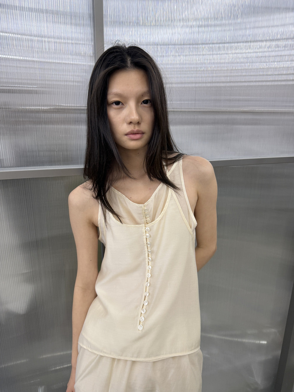 [Low Classic] See-Through Button Loop Top_Cream