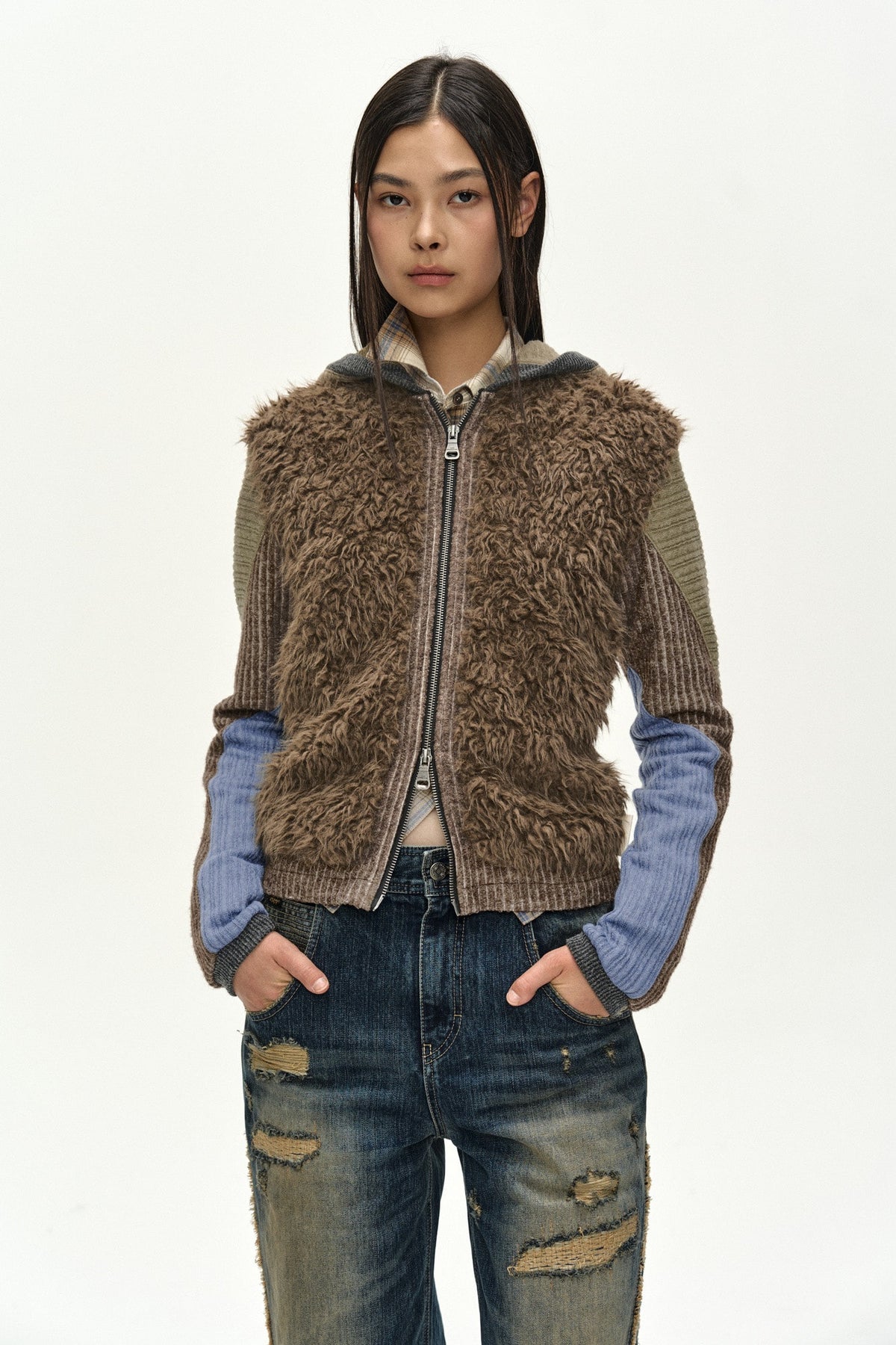 Andersson Bell Fur Color-Blocked Hooded Zip-UP