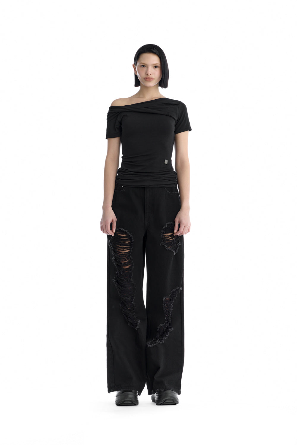 Treemingbird Twisted Overlay Off-Shoulder Top Black
