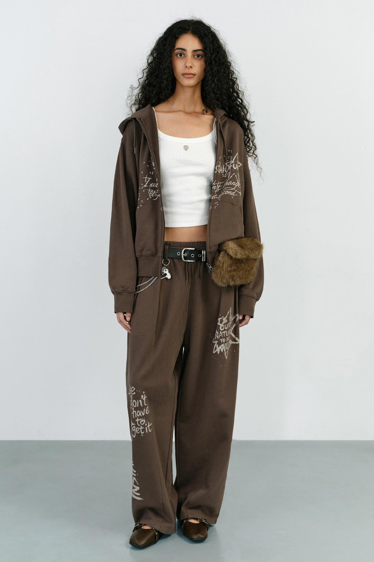 Instantfunk Washed Graphic Zip Up Hoodie - Brown