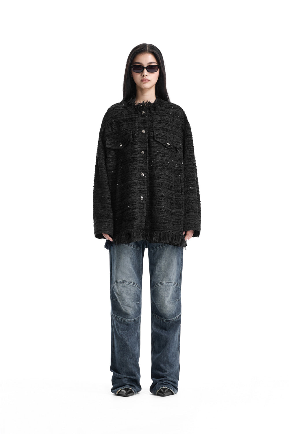 Treemingbird Frayed-Hem Tweed Jacket Black
