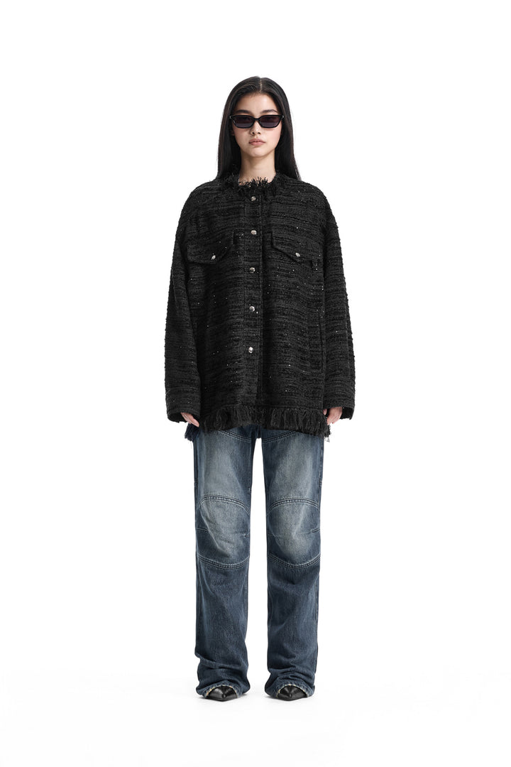 Treemingbird Frayed-Hem Tweed Jacket Black