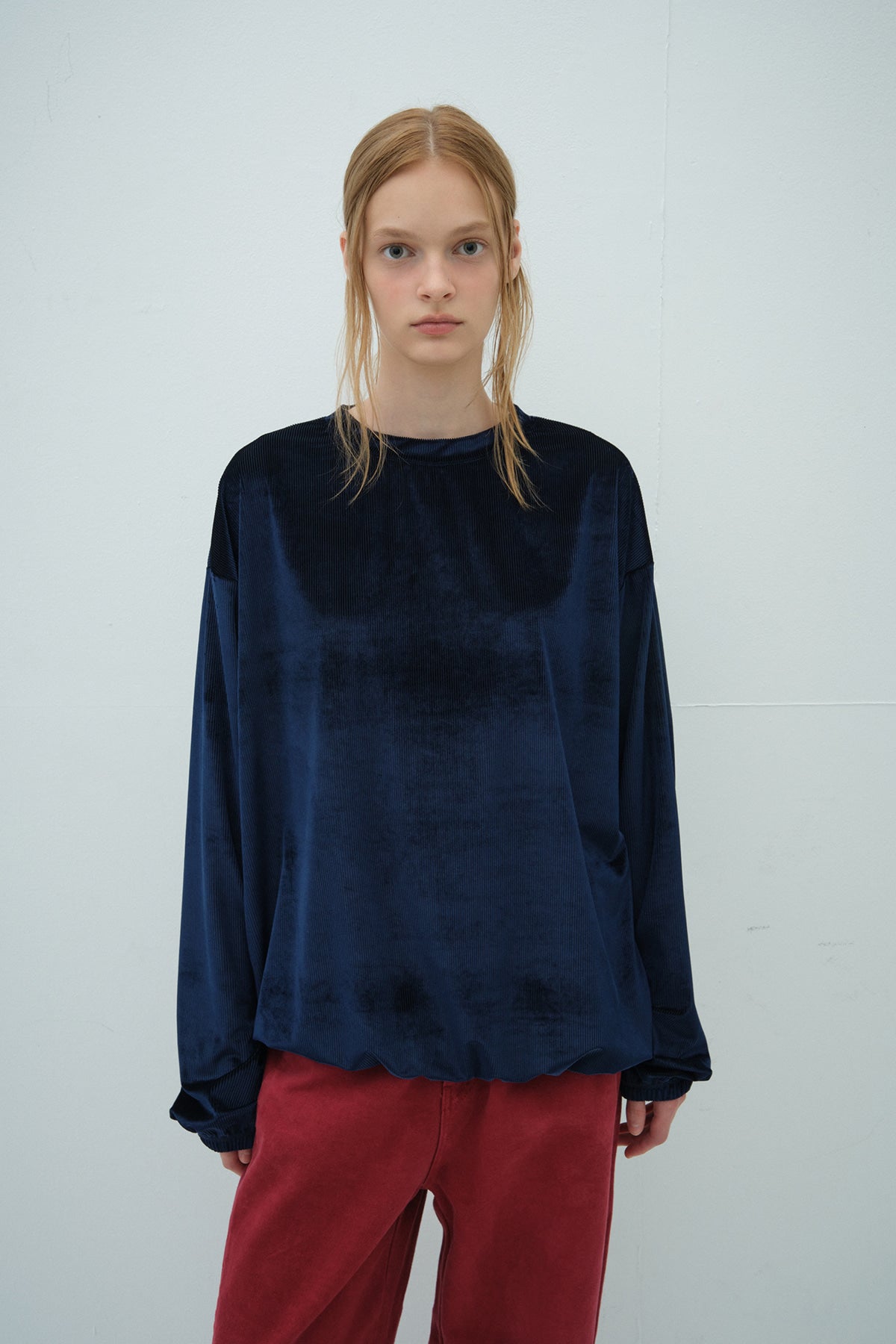 Overdueflair Glow Loose Fit Velvet T-Shirt Navy