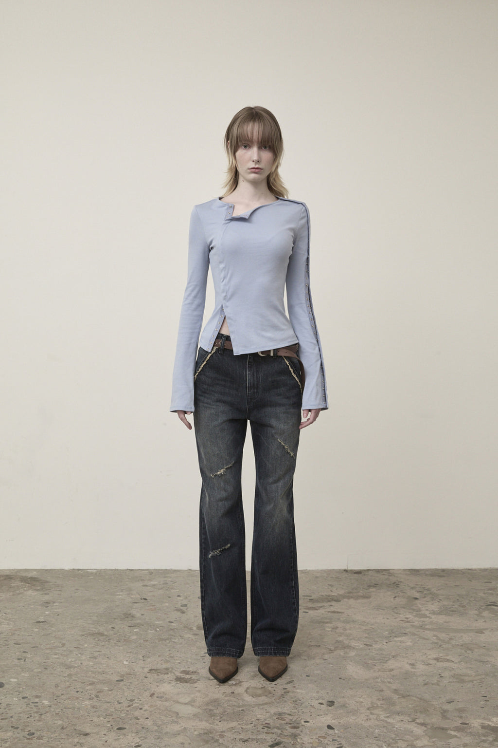 Matinkim Semi Boots Cut Washed Denim Pants IN Navy