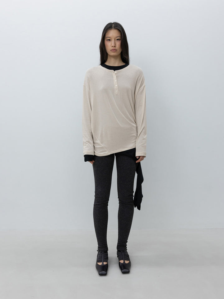 Low Classic Asymmetric Henley Neck Wool T-Shirt Beige