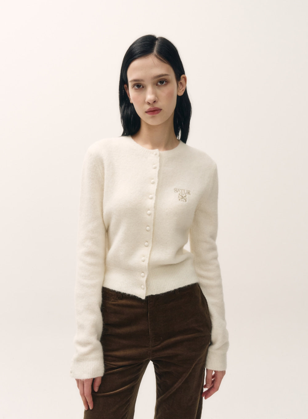 [satur] (W) Loren Wool Blend Crew Neck Knit Cardigan - White