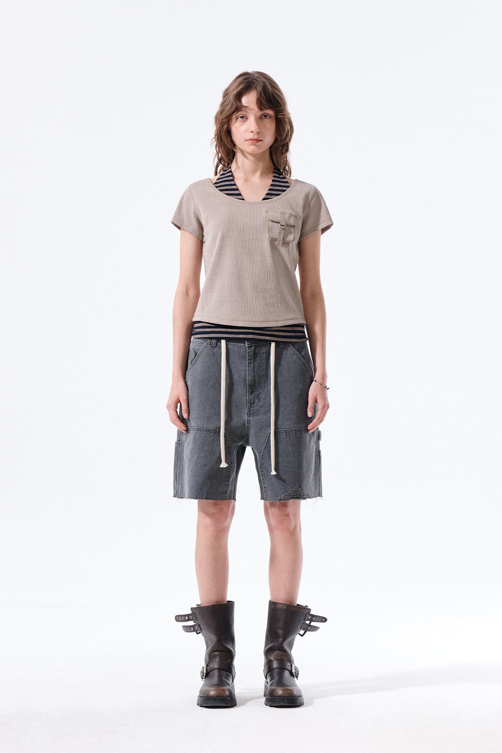 Matinkim Heringbone Raw Cut Denim Shorts IN Grey