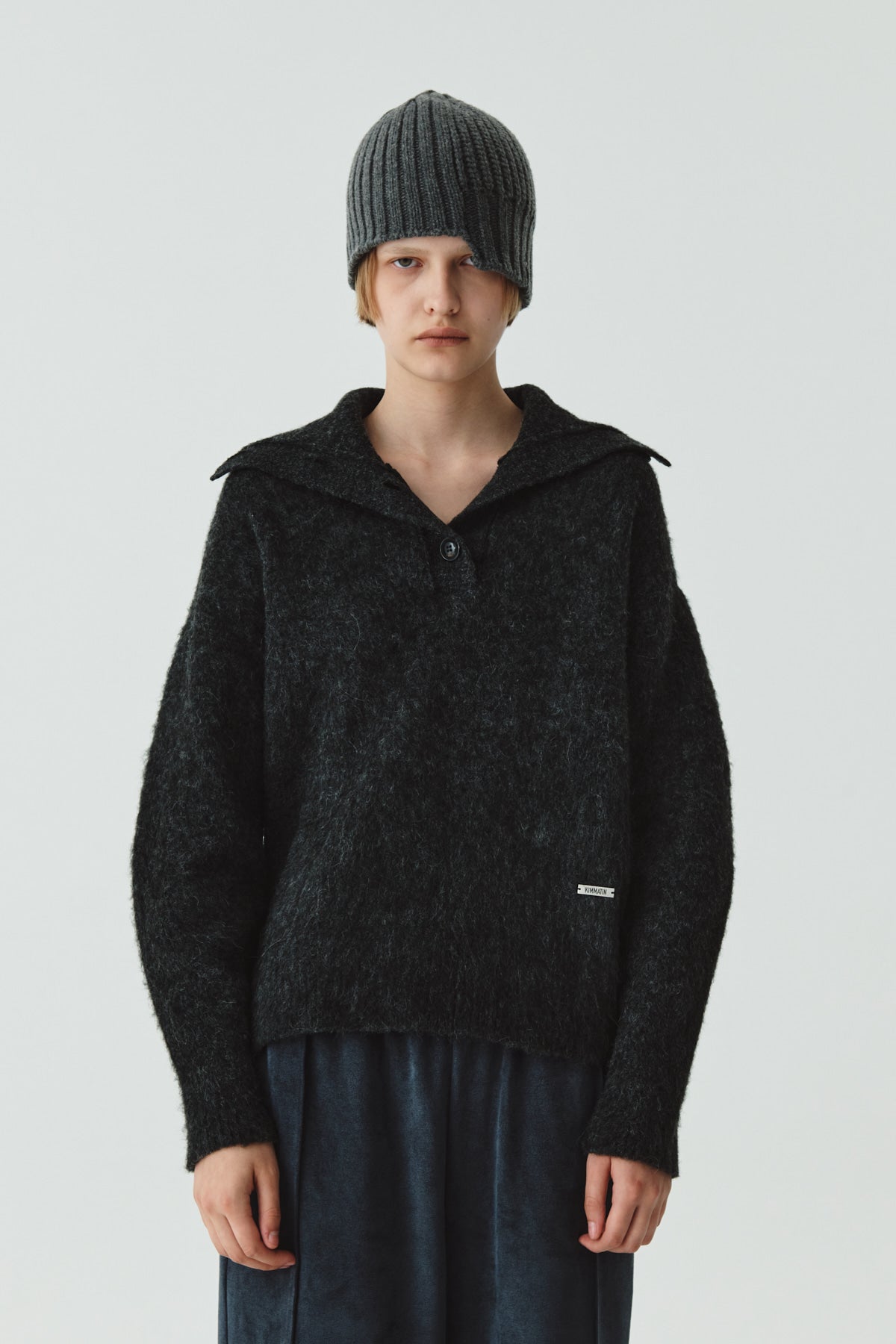 Matinkim Button High Neck Alpaca Blend Sweater IN Charcoal