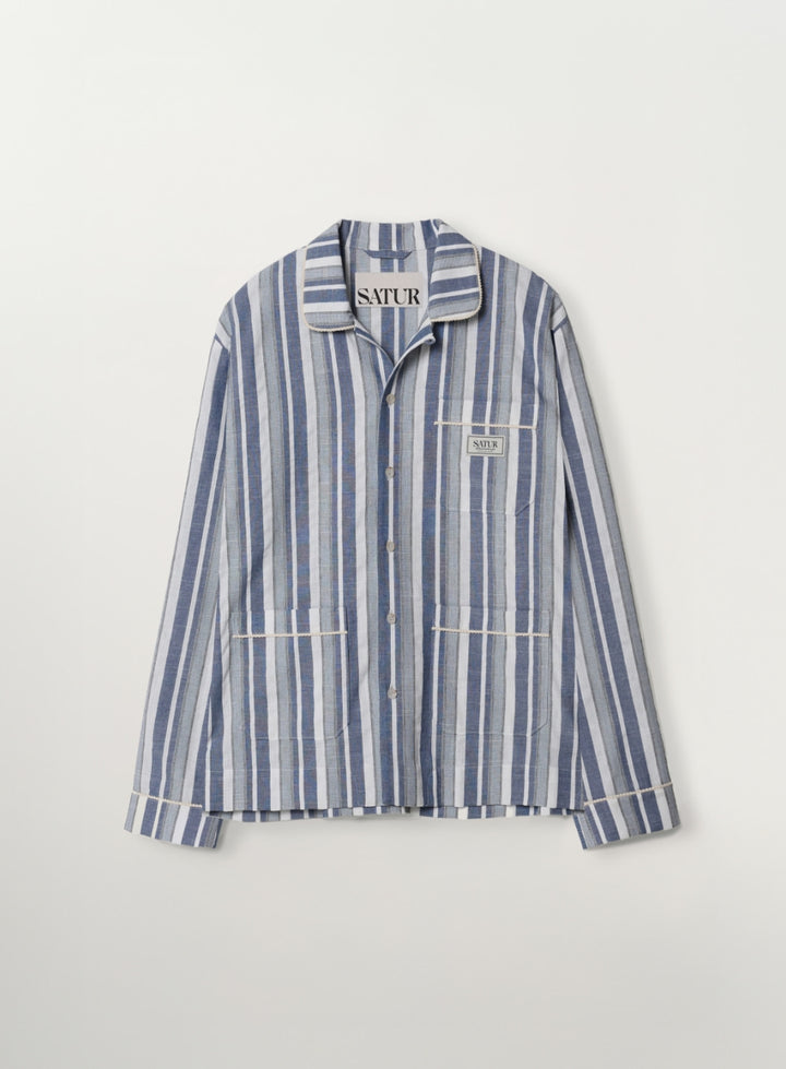 Satur Homewear Stripe Open Collar Shirt - Blue