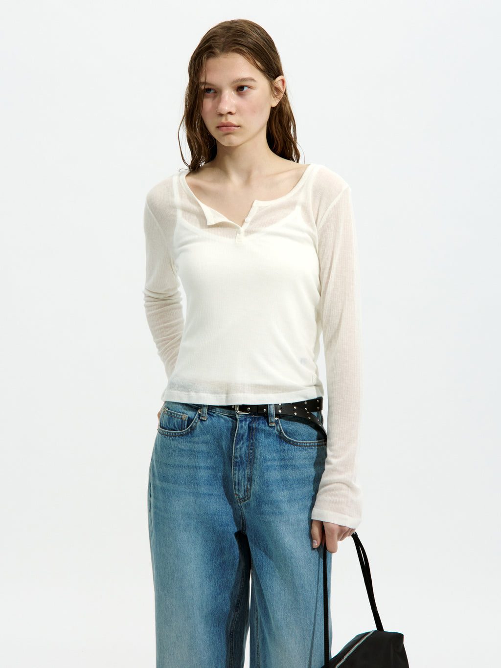 Low Classic See-Through Henry Neck Long Sleeve T-Shirt Ivory