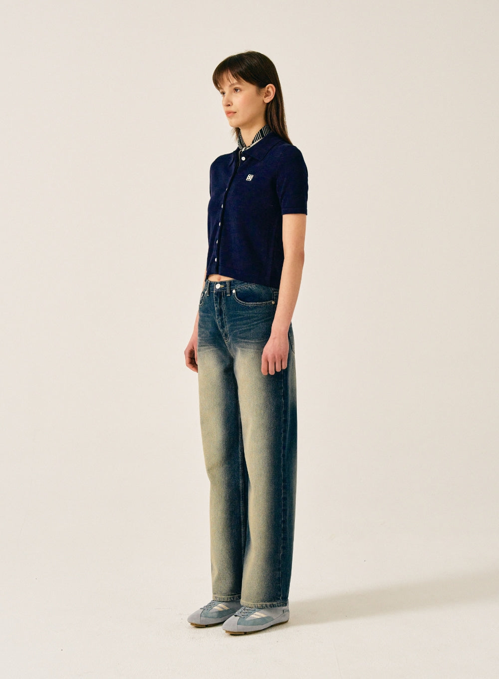 [satur] (W) Basic Cotton Collar Half Cardigan - Classic Navy