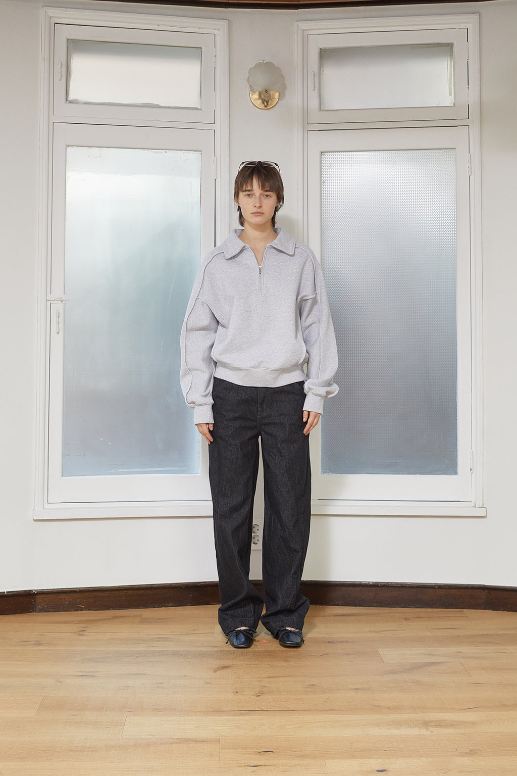 [matinkim] BACK LOGO HALF ZIP SWEATSHIRT FOR WOMEN IN GREY