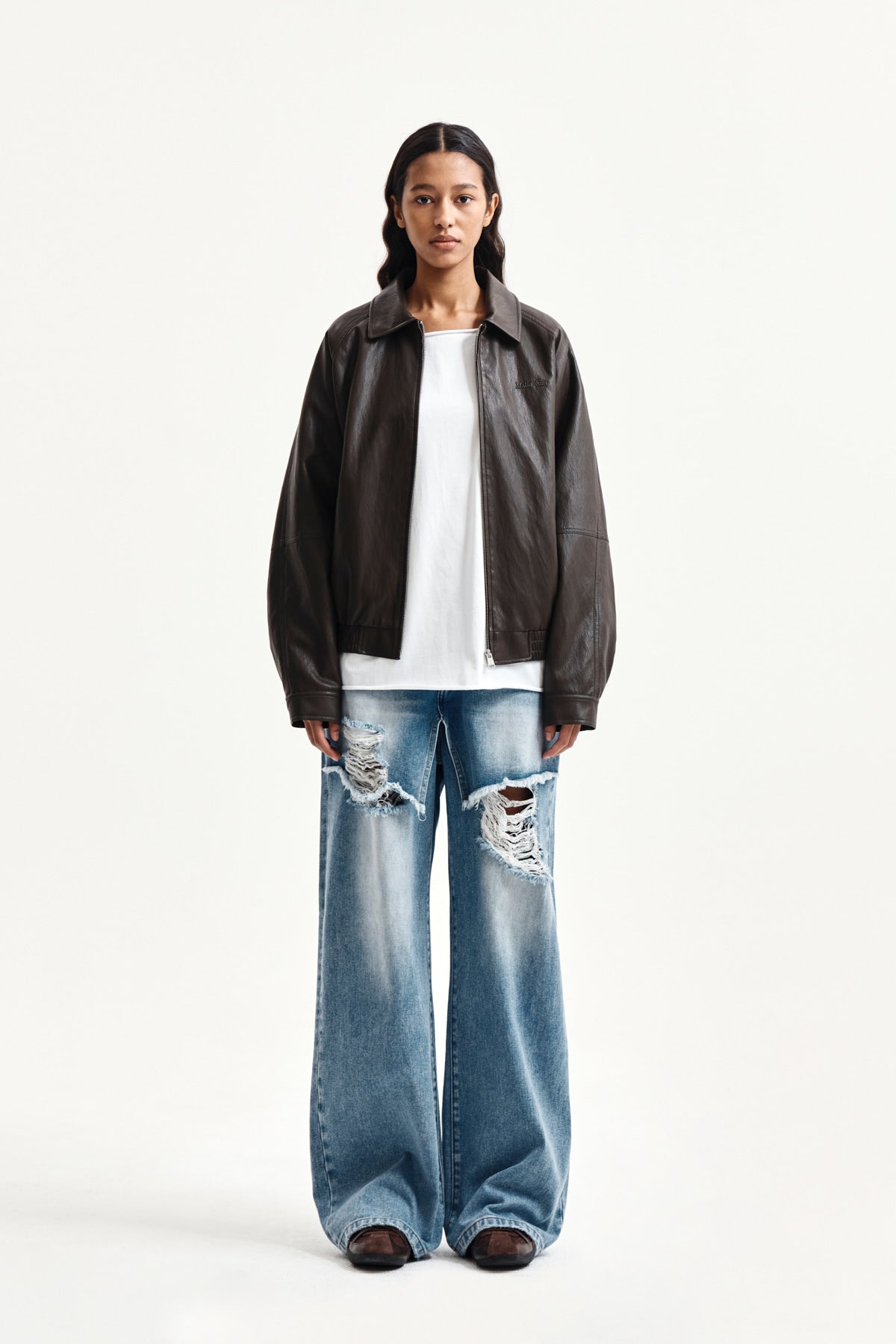 [matinkim] FRONT LAYERED DISTRESSED DENIM PANTS IN BLUE