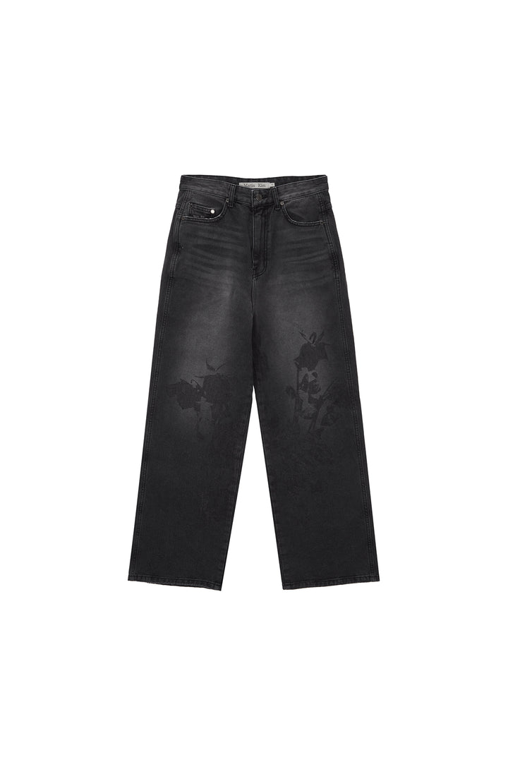 Matinkim Flower Printed Denim Pants IN Charcoal