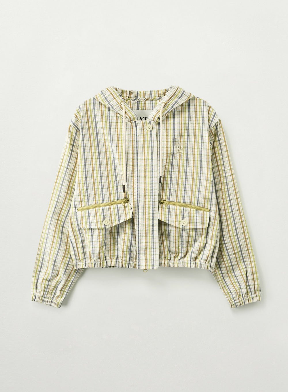 Satur Crop Hood Check Jacket - Olive Green