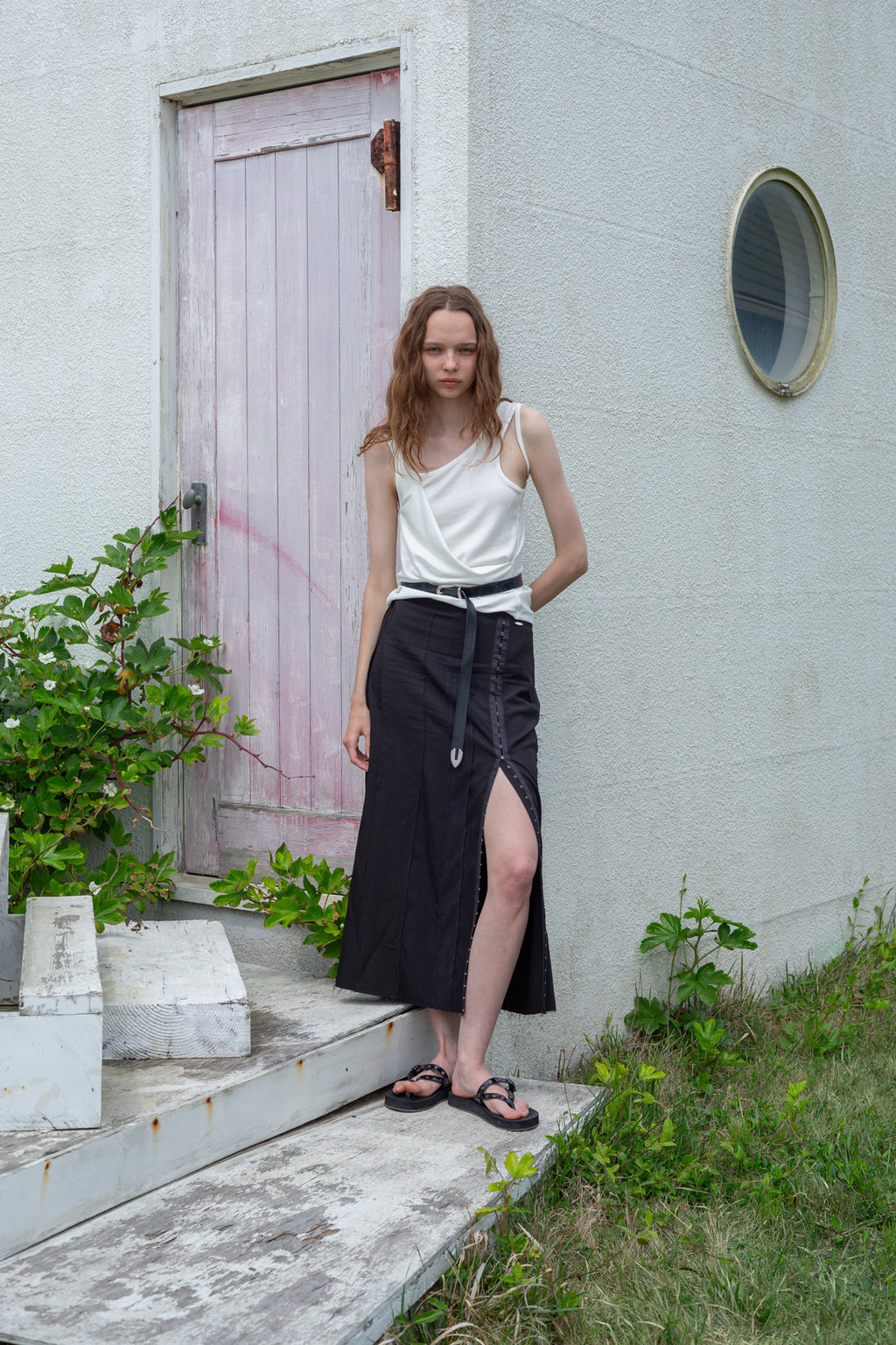 Matinkim Unbalance Tuck Sleeveless Top IN White