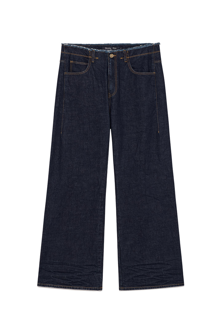 Matinkim Back Pintuck Waistless Denim Pants For Men IN Navy