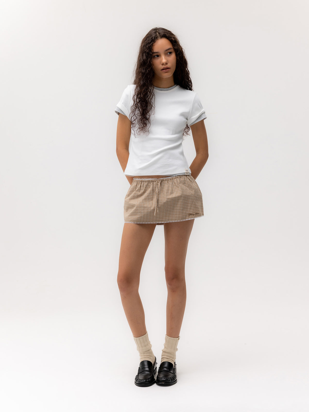 GLOWNY G Classic Lace-Up Mini Skirt (Beige)